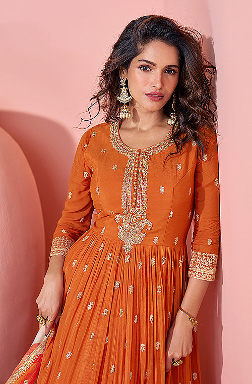 Orange Designer Embroidered Premium Chinon Silk Anarkali Gown-Saira's Boutique