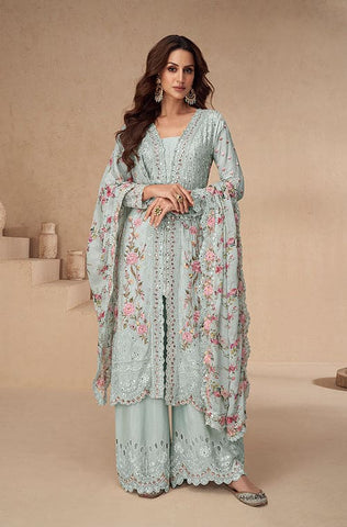 Winter Green Designer Embroidered Chinon Silk Party Wear Palazzo Suit