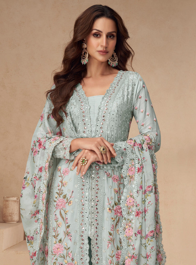 Pale Blue Designer Embroidered Chinon Silk Party Wear Palazzo Suit-Saira's Boutique