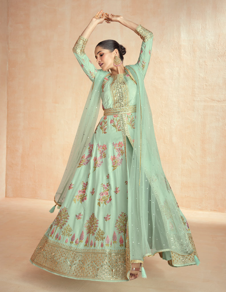 Pastel Mint Green Designer Embroidered Premium Silk Anarkali Suit-Saira's Boutique