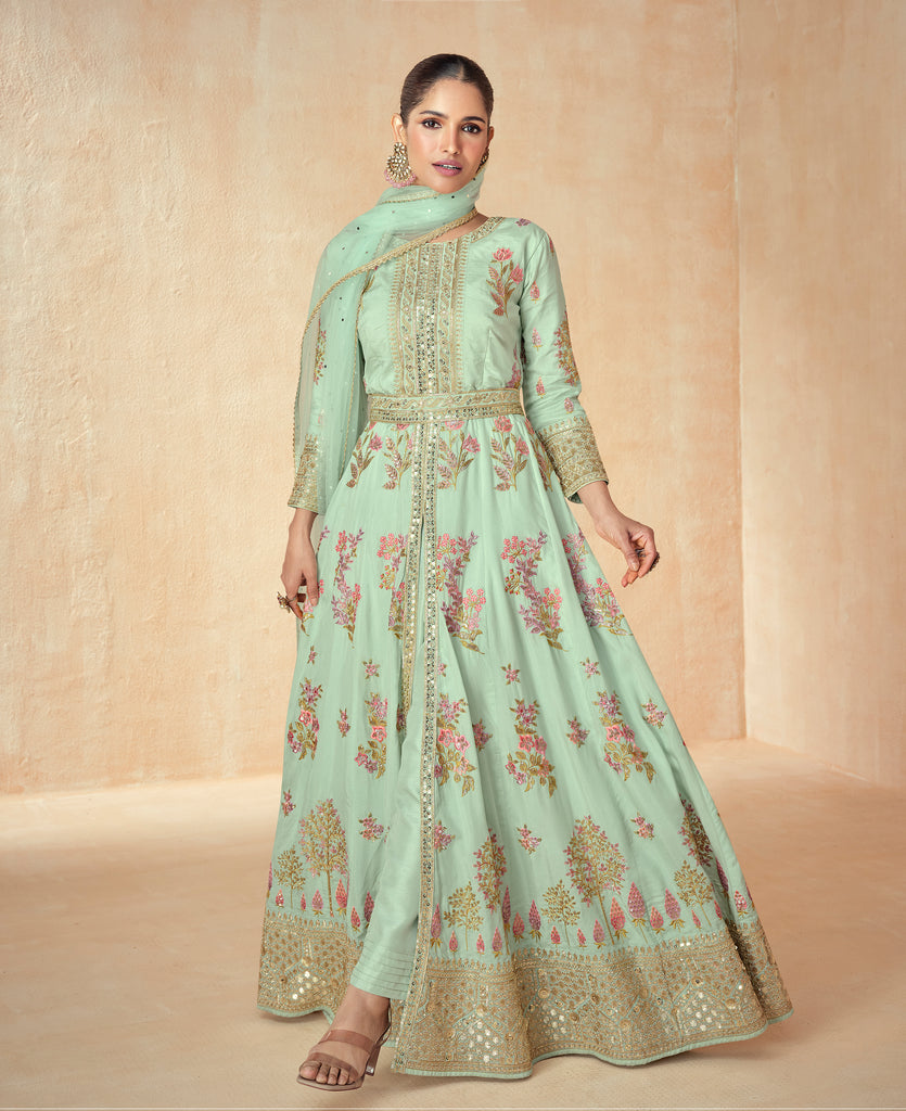 Pastel Mint Green Designer Embroidered Premium Silk Anarkali Suit-Saira's Boutique