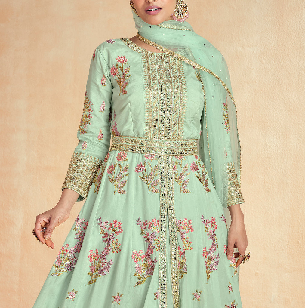 Pastel Mint Green Designer Embroidered Premium Silk Anarkali Suit-Saira's Boutique