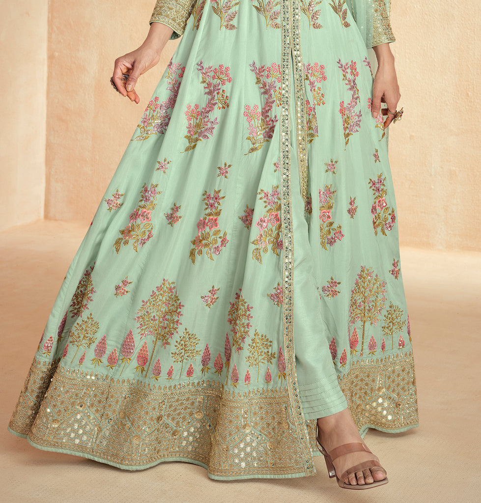 Pastel Mint Green Designer Embroidered Premium Silk Anarkali Suit-Saira's Boutique