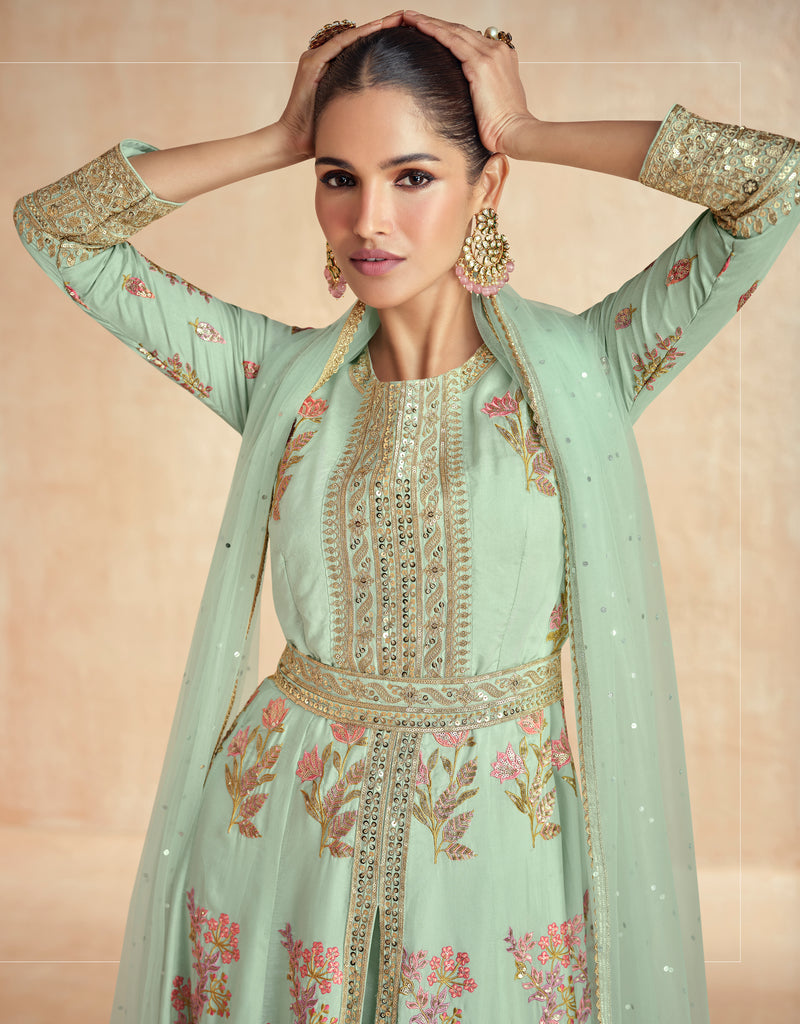 Pastel Mint Green Designer Embroidered Premium Silk Anarkali Suit-Saira's Boutique