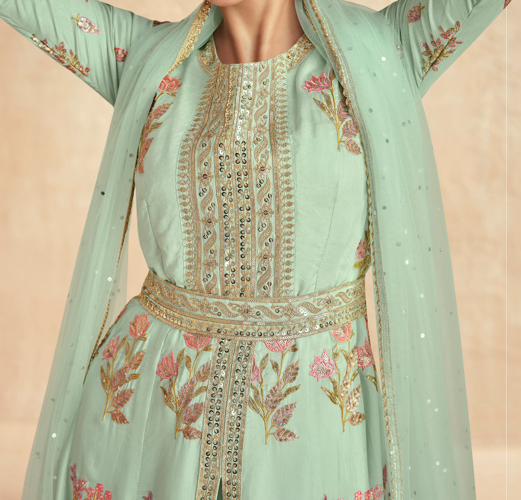 Pastel Mint Green Designer Embroidered Premium Silk Anarkali Suit-Saira's Boutique