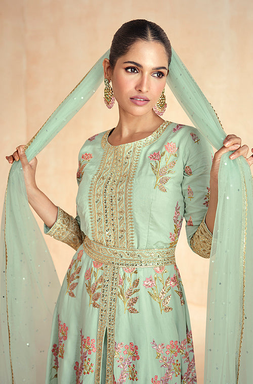 Pastel Mint Green Designer Embroidered Premium Silk Anarkali Suit-Saira's Boutique