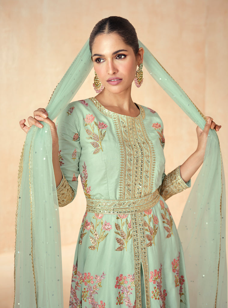 Pastel Mint Green Designer Embroidered Premium Silk Anarkali Suit-Saira's Boutique