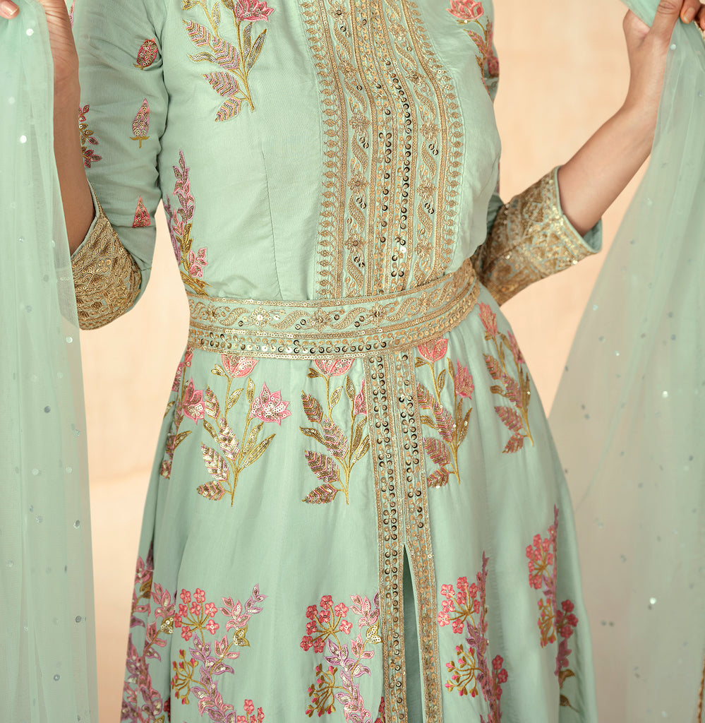 Pastel Mint Green Designer Embroidered Premium Silk Anarkali Suit-Saira's Boutique