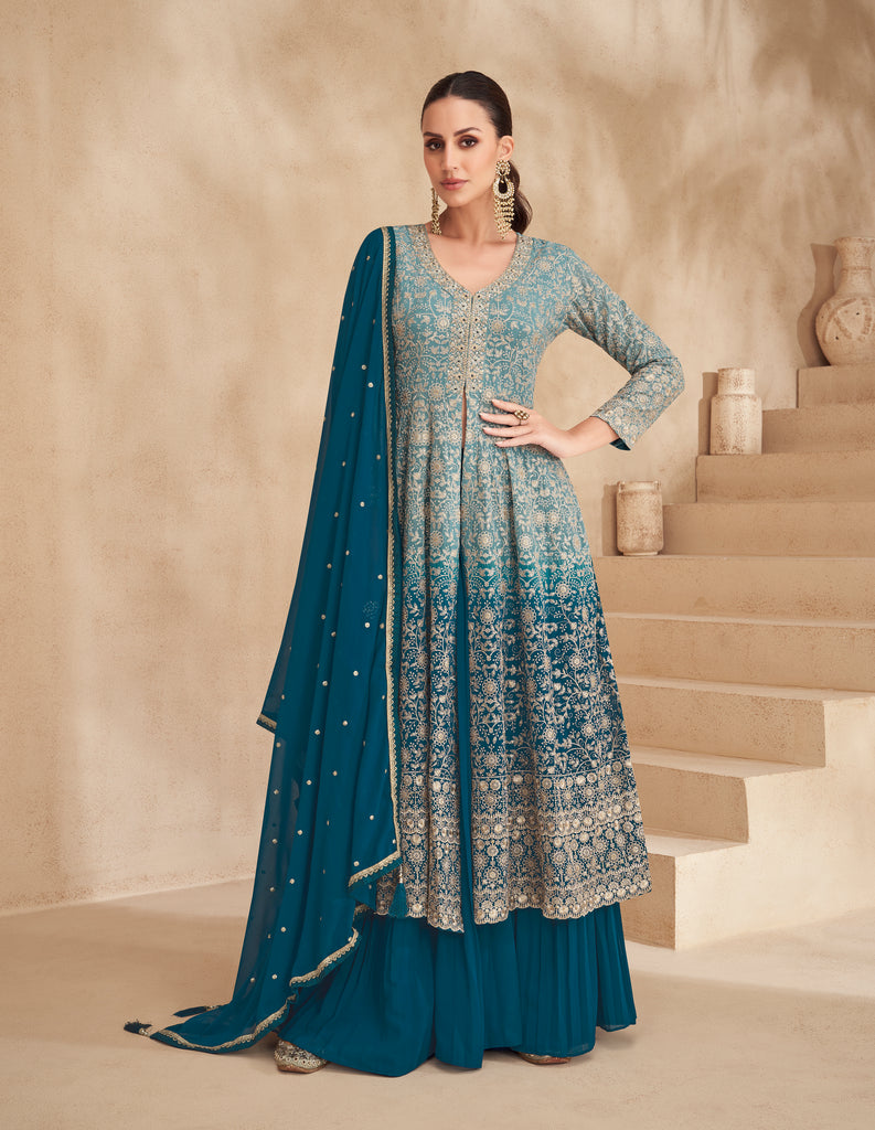 Peacock Blue Designer Embroidered Wedding Sharara Suit-Saira's Boutique