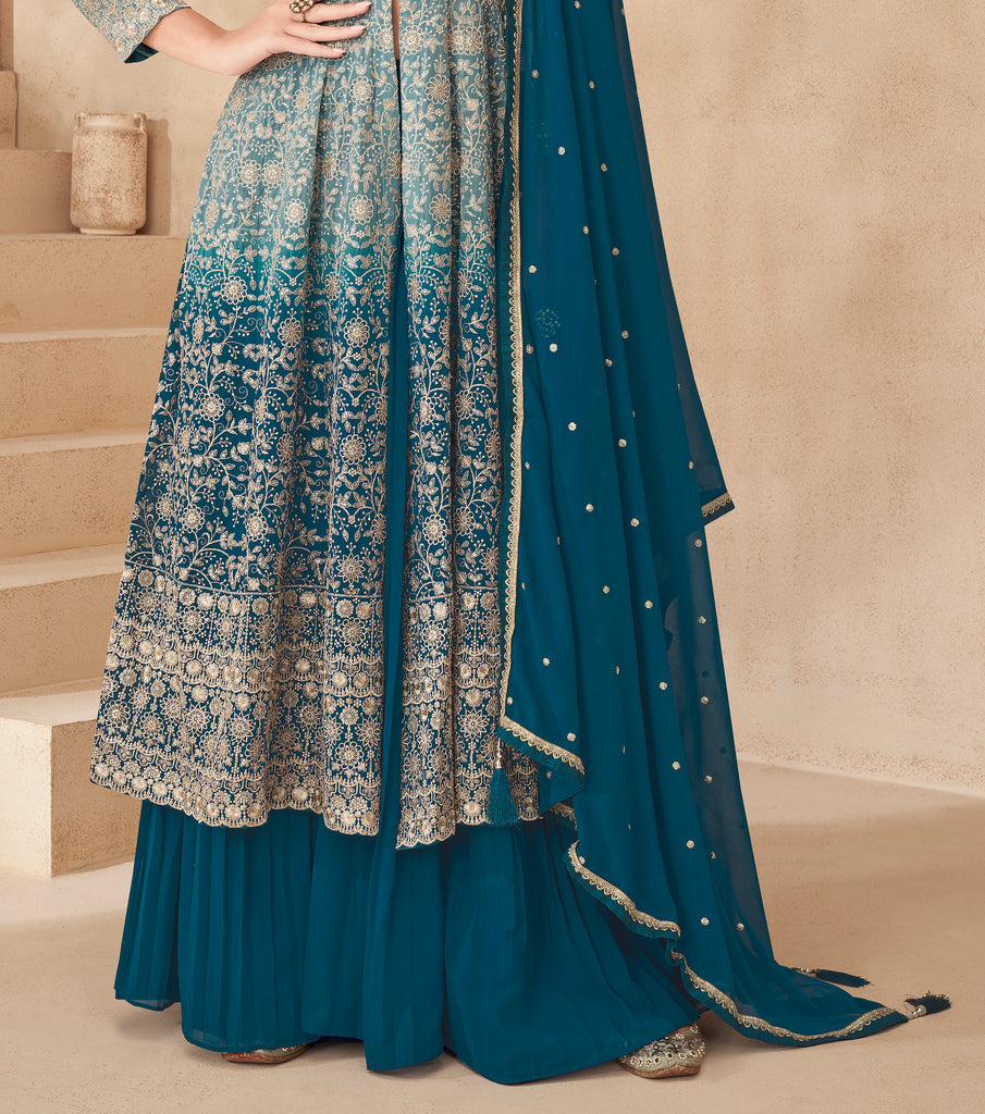 Peacock Blue Designer Embroidered Wedding Sharara Suit-Saira's Boutique