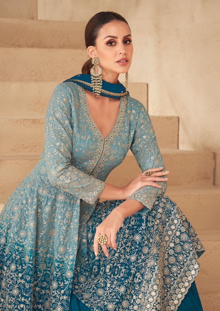 Peacock Blue Designer Embroidered Wedding Sharara Suit-Saira's Boutique