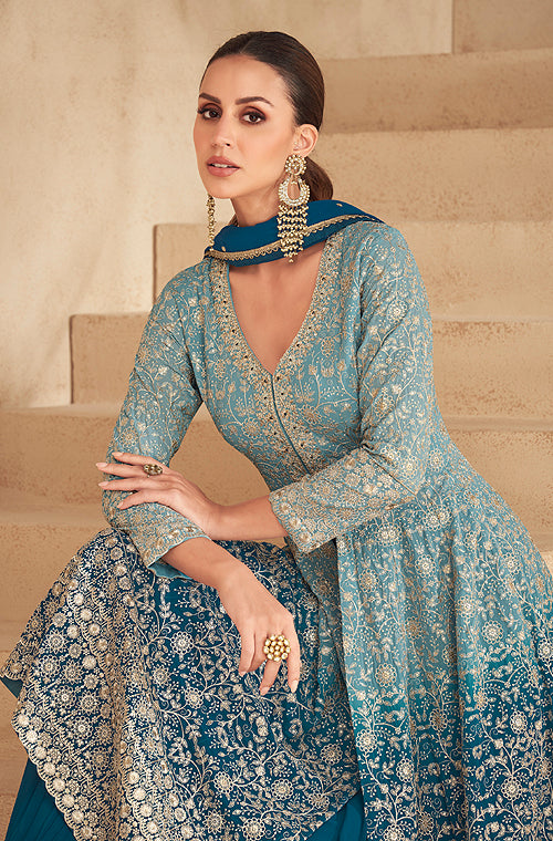 Peacock Blue Designer Embroidered Wedding Sharara Suit-Saira's Boutique