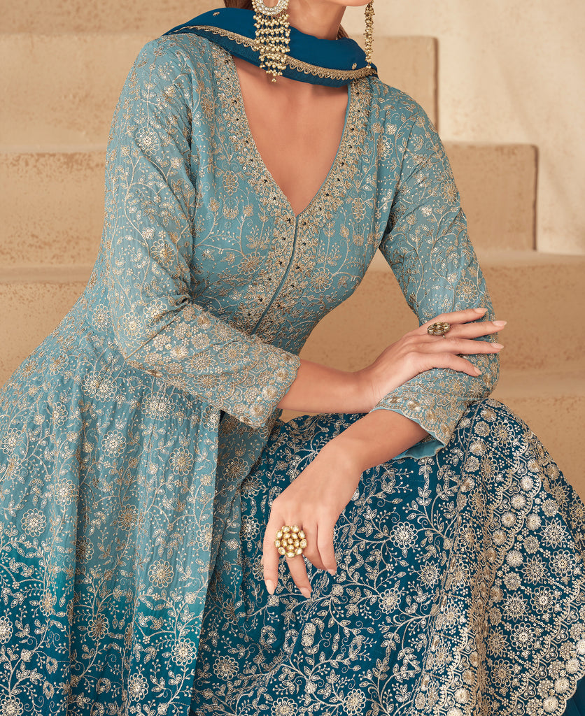 Peacock Blue Designer Embroidered Wedding Sharara Suit-Saira's Boutique