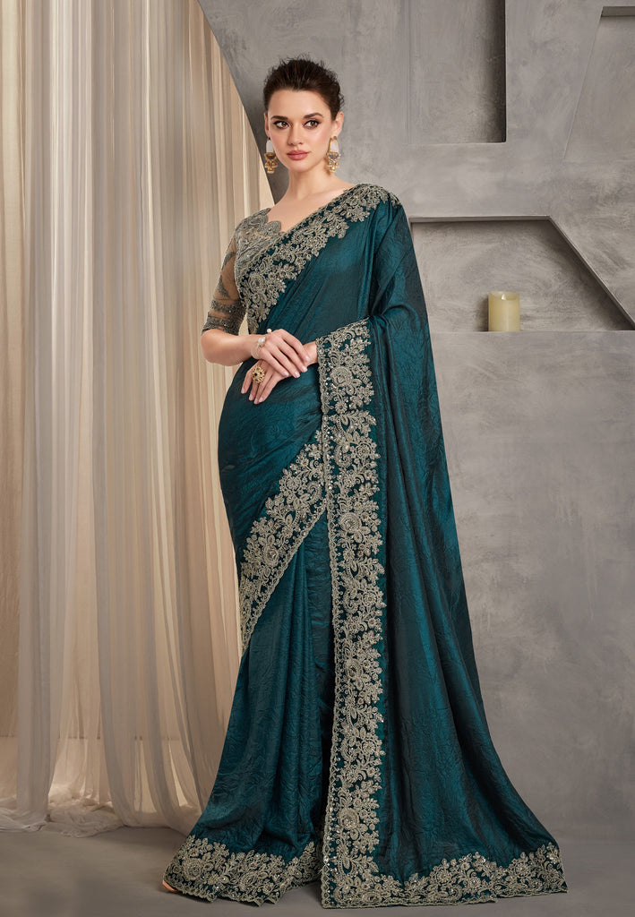 Peacock Green Designer Embroidered Crush Wedding Party Wear Saree-Saira's Boutique