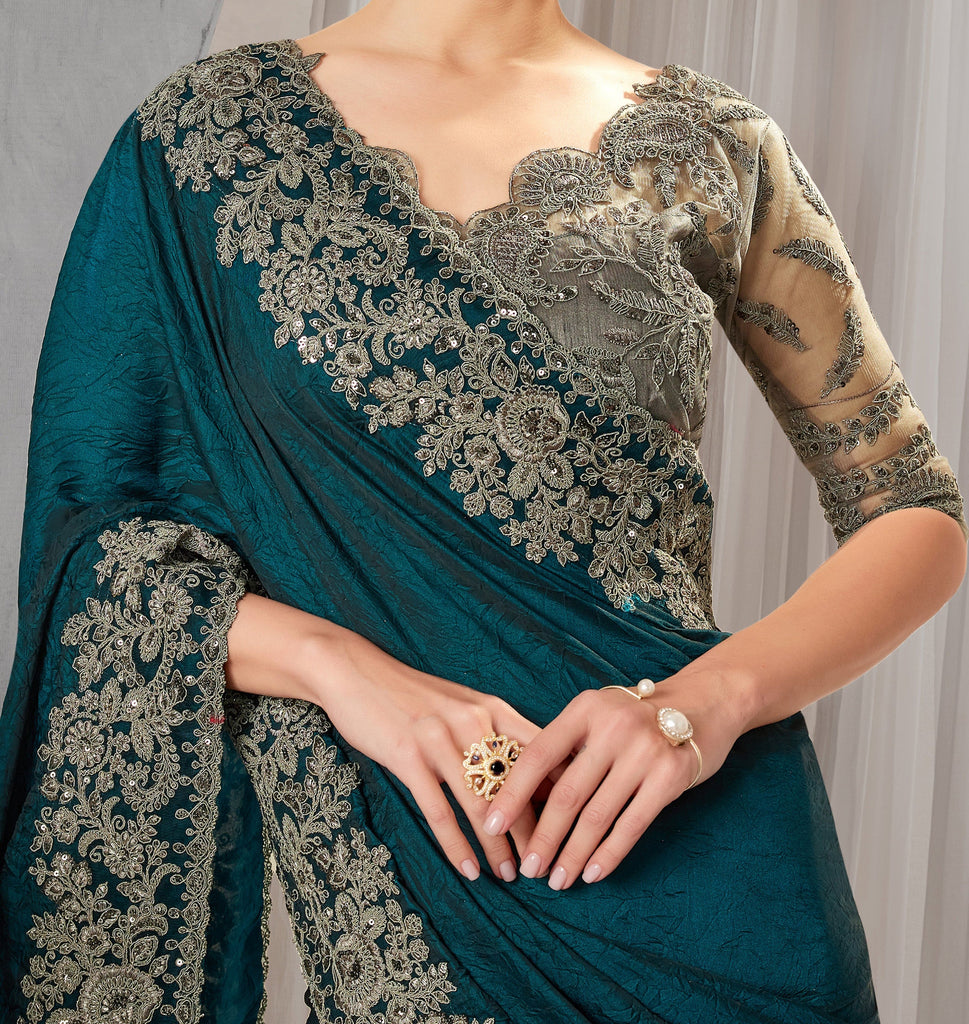 Peacock Green Designer Embroidered Crush Wedding Party Wear Saree-Saira's Boutique