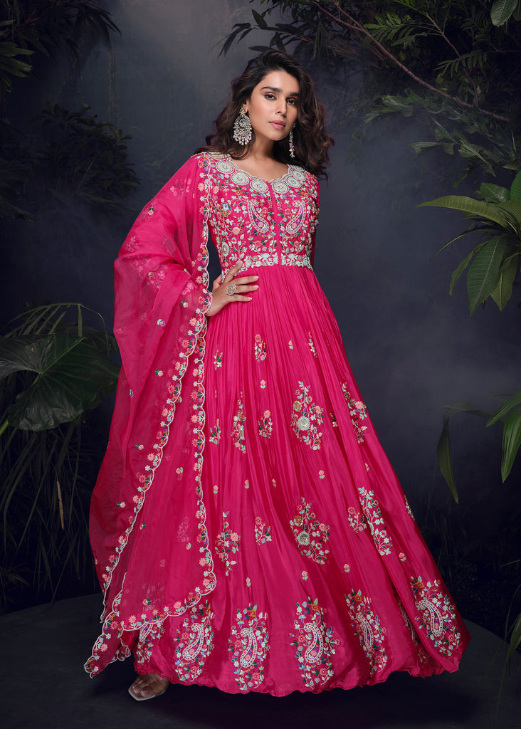 Pink Designer Embroidered Chinon Silk Party Wear Anarkali Suit-Saira's Boutique