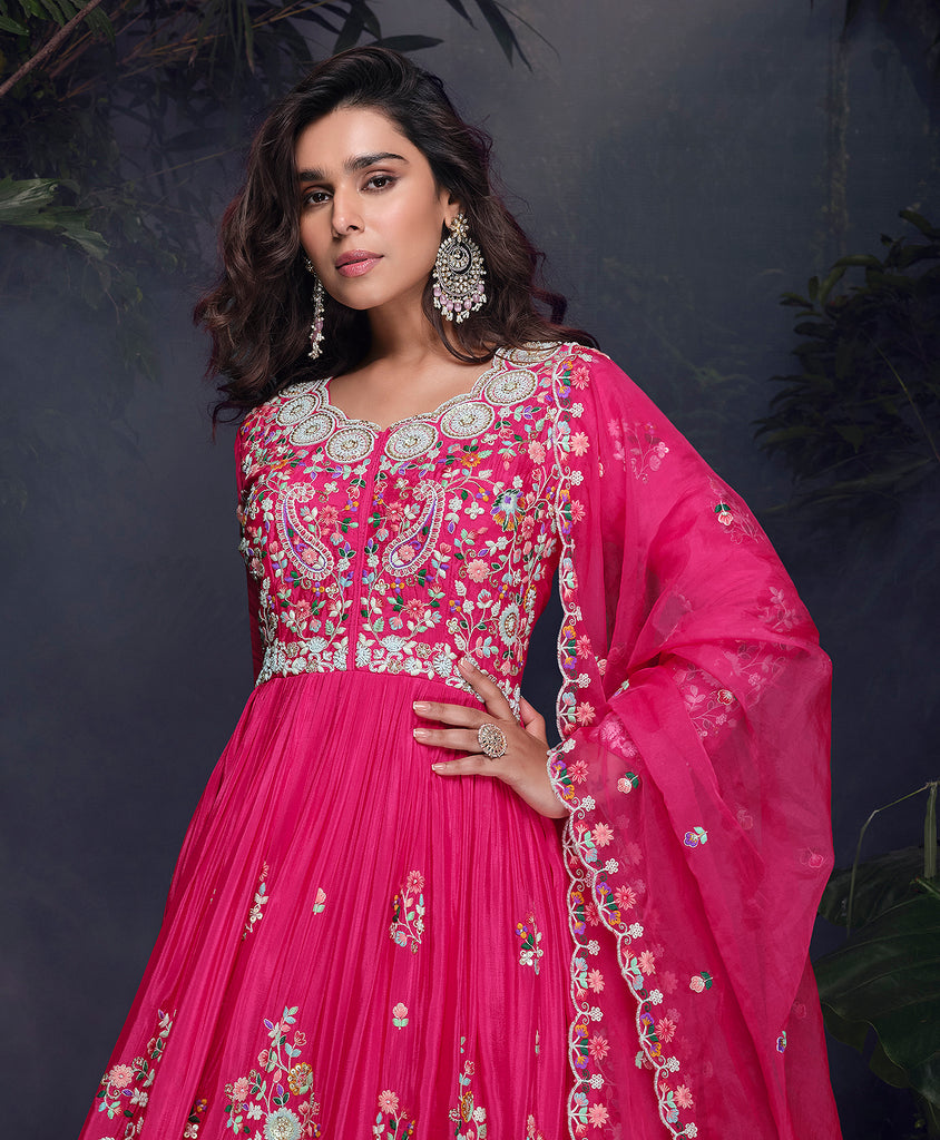 Pink Designer Embroidered Chinon Silk Party Wear Anarkali Suit-Saira's Boutique