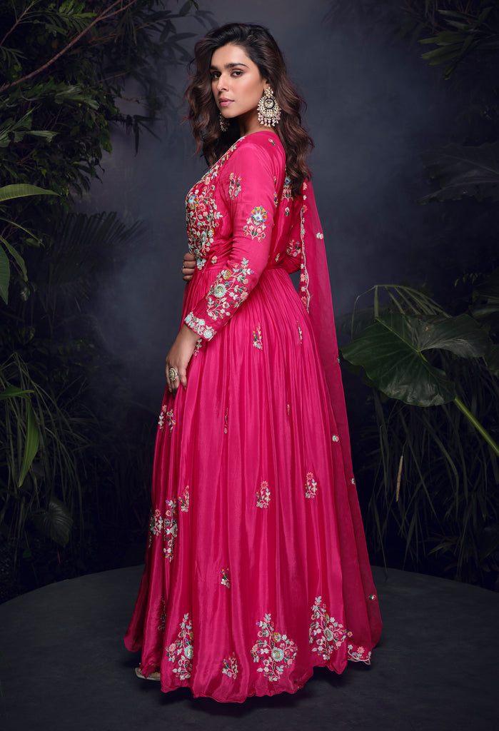 Pink Designer Embroidered Chinon Silk Party Wear Anarkali Suit-Saira's Boutique