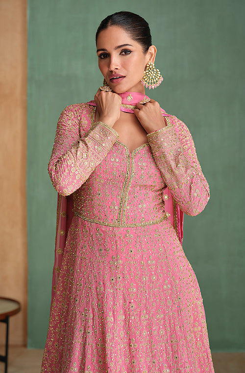 Pink Designer Embroidered Pure Georgette Anarkali Gown-Saira's Boutique