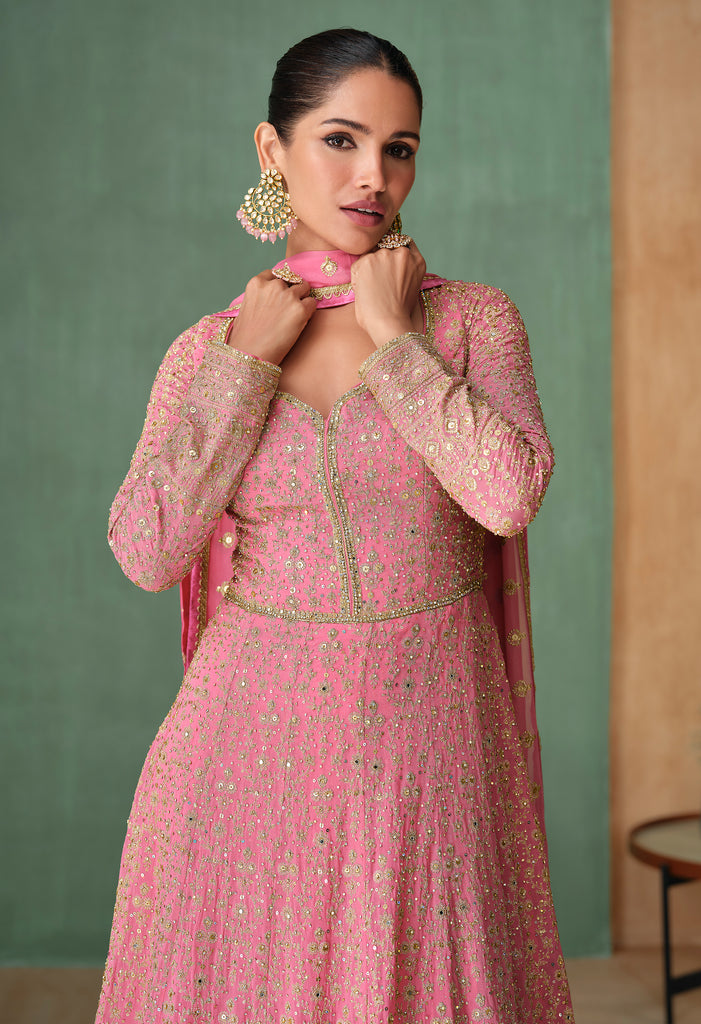 Pink Designer Embroidered Pure Georgette Anarkali Gown-Saira's Boutique