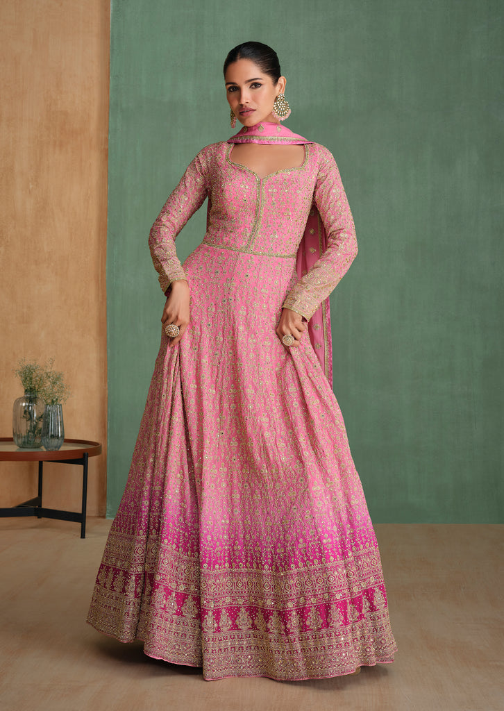 Pink Designer Embroidered Pure Georgette Anarkali Gown-Saira's Boutique