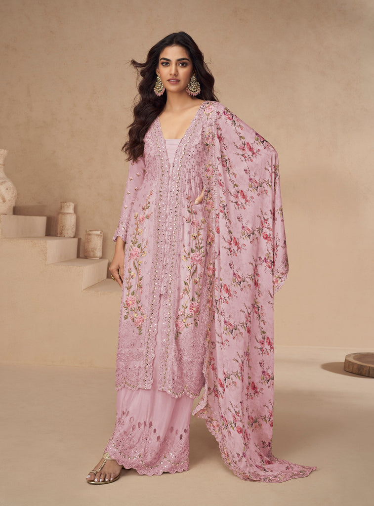 Pink Mauve Designer Embroidered Chinon Silk Party Wear Palazzo Suit-Saira's Boutique