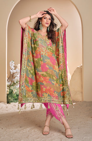 Olive Designer Embroidered Chinon Silk Party Wear Palazzo Suit