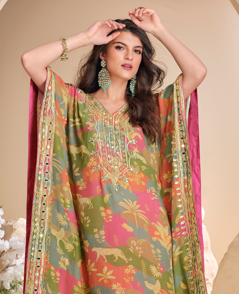 Pink & Green Designer Embroidered Crepe Silk Party Wear Kaftan Suit-Saira's Boutique