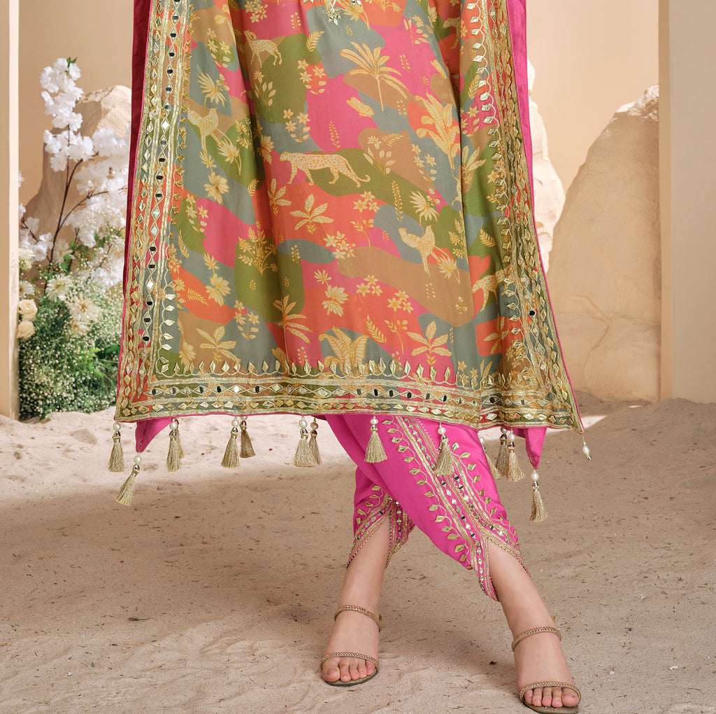 Pink & Green Designer Embroidered Crepe Silk Party Wear Kaftan Suit-Saira's Boutique