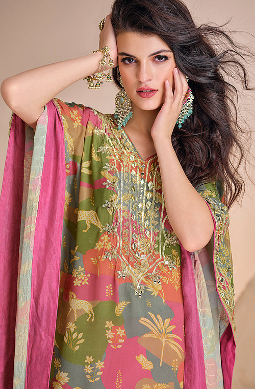 Pink & Green Designer Embroidered Crepe Silk Party Wear Kaftan Suit-Saira's Boutique