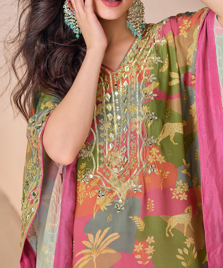 Pink & Green Designer Embroidered Crepe Silk Party Wear Kaftan Suit-Saira's Boutique