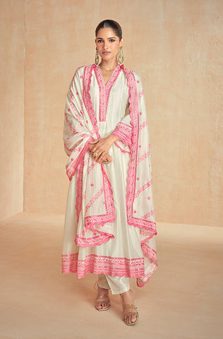 White Designer Embroidered Chinon Silk Party Wear Palazzo Suit