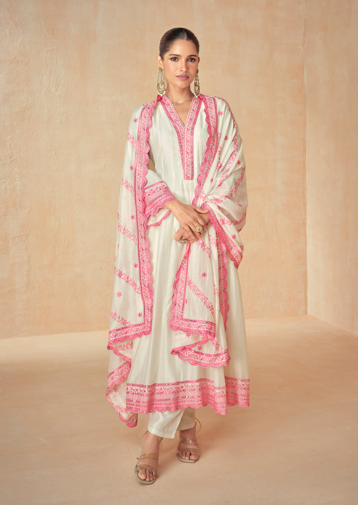 Pink & Off White Designer Embroidered Premium Silk Salwar Suit-Saira's Boutique