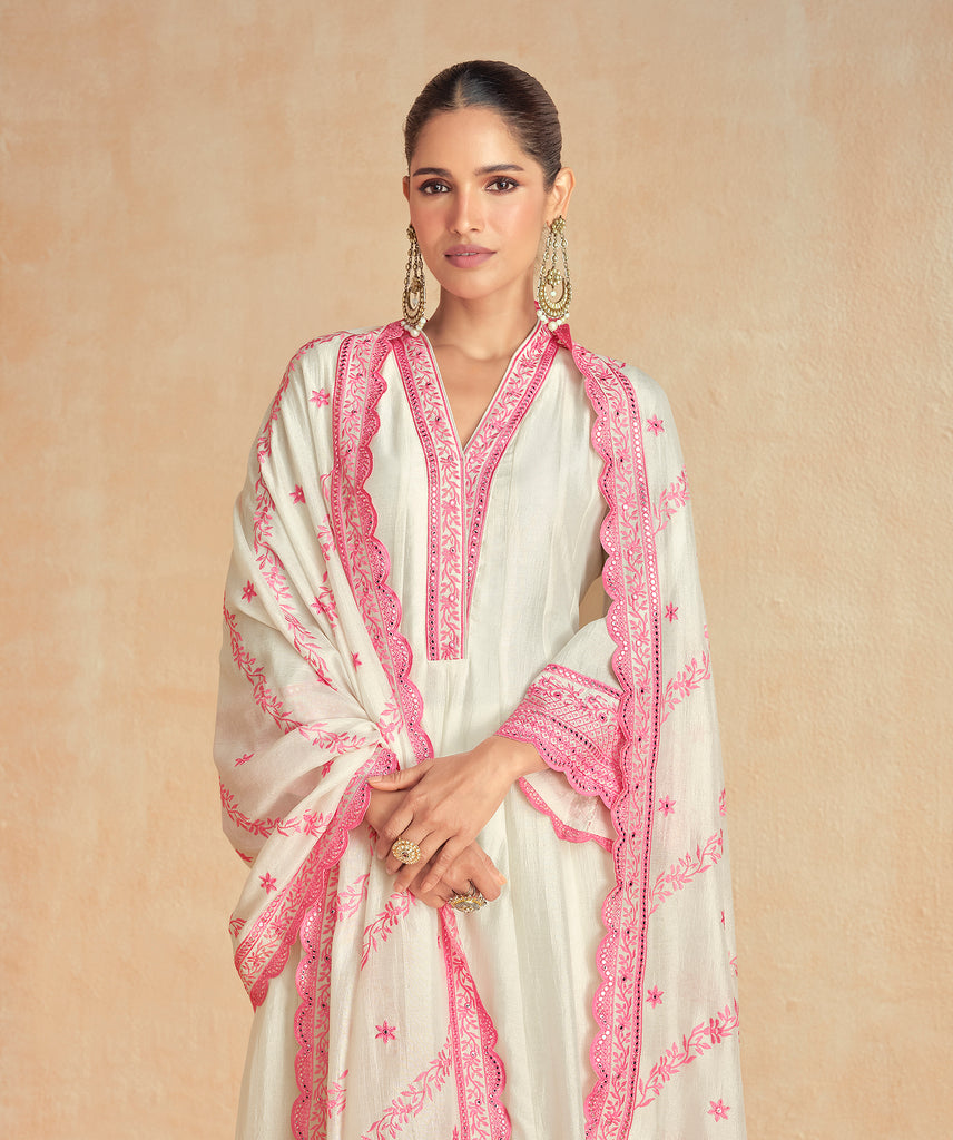 Pink & Off White Designer Embroidered Premium Silk Salwar Suit-Saira's Boutique