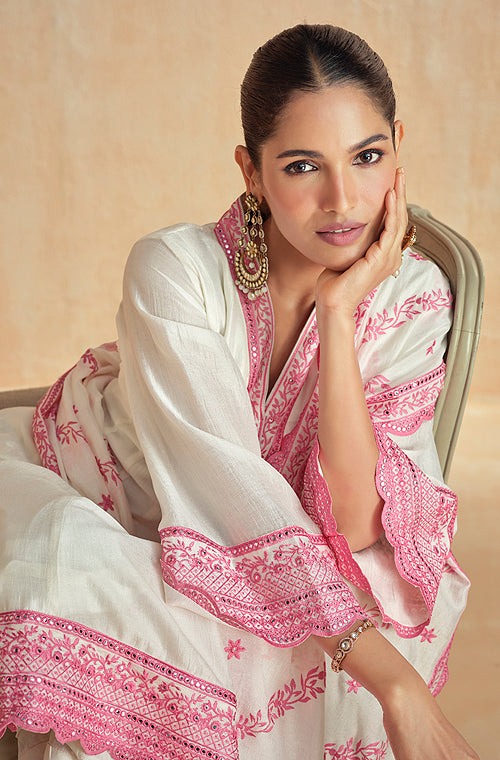 Pink & Off White Designer Embroidered Premium Silk Salwar Suit-Saira's Boutique