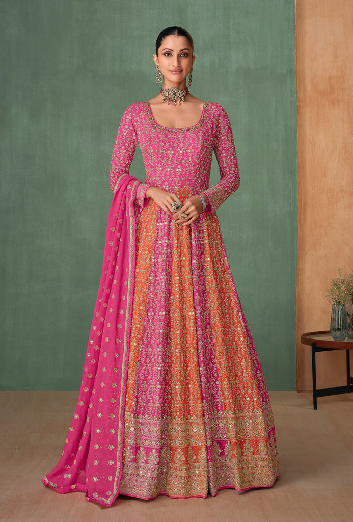 Pink & Orange Designer Heavy Work Premium Georgette Wedding Gown-Saira's Boutique