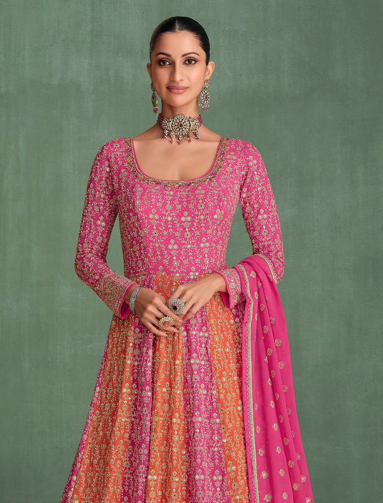 Pink & Orange Designer Heavy Work Premium Georgette Wedding Gown-Saira's Boutique