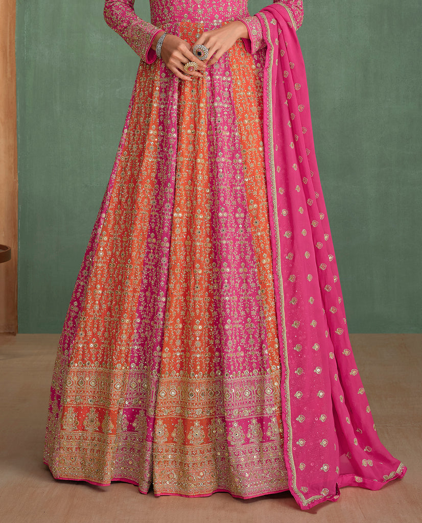 Pink & Orange Designer Heavy Work Premium Georgette Wedding Gown-Saira's Boutique