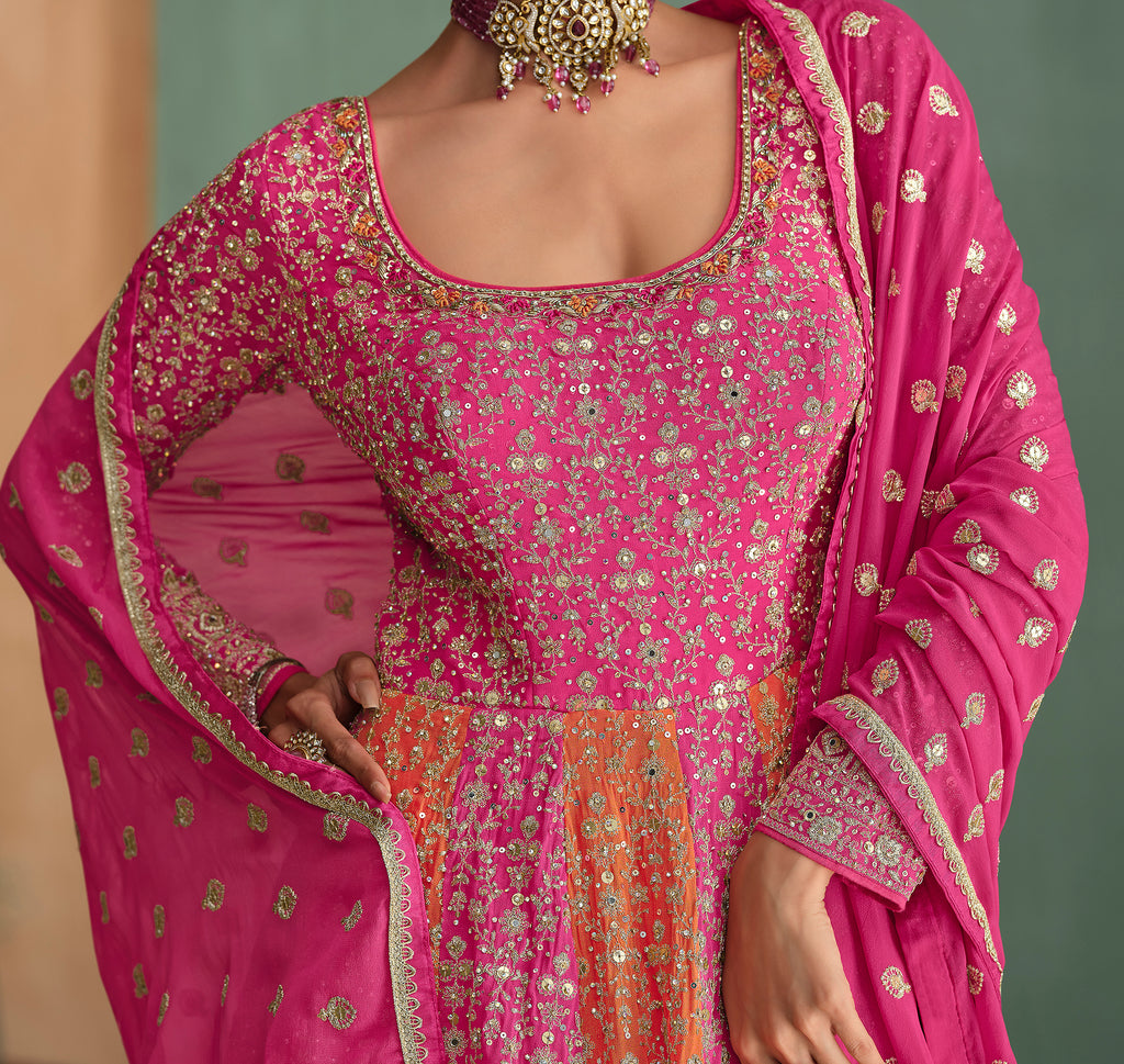 Pink & Orange Designer Heavy Work Premium Georgette Wedding Gown-Saira's Boutique