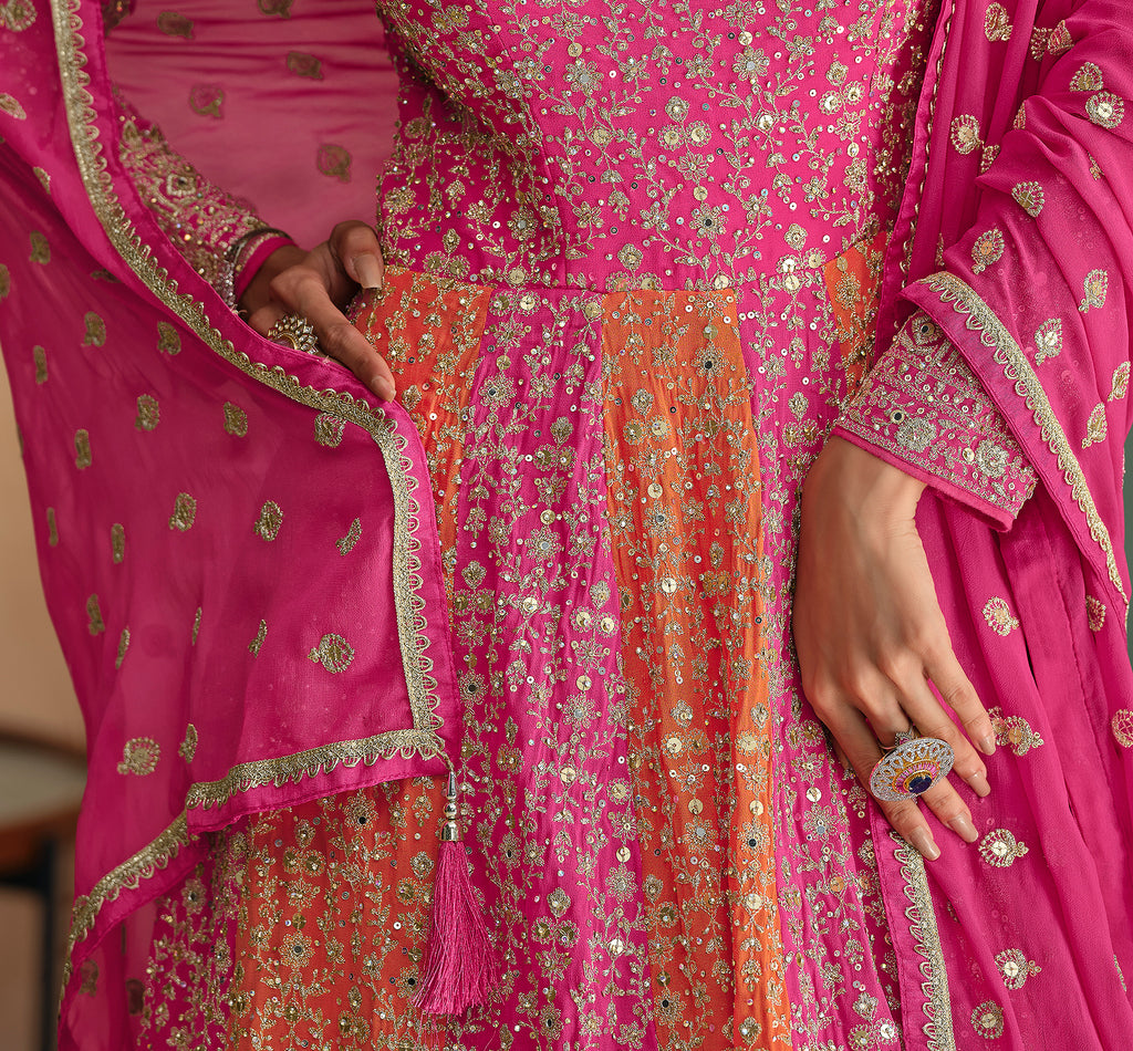 Pink & Orange Designer Heavy Work Premium Georgette Wedding Gown-Saira's Boutique