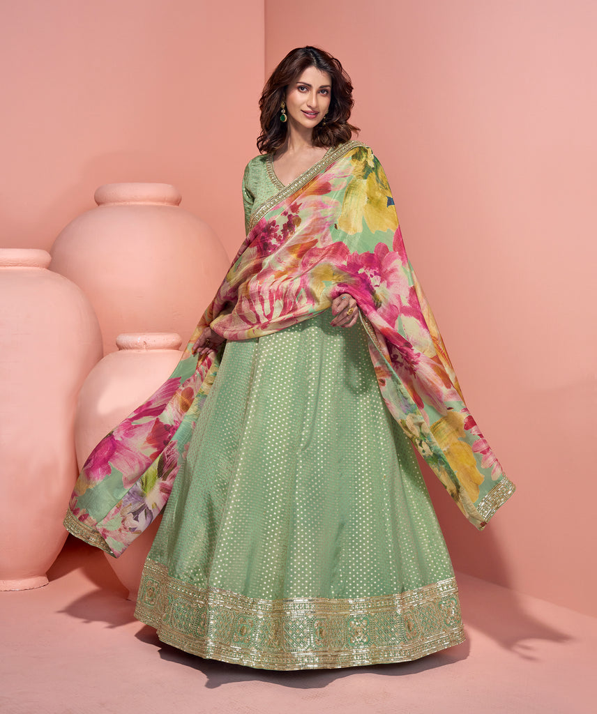 Pista Green Designer Embroidered Pure Jacquard Silk Anarkali Suit-Saira's Boutique