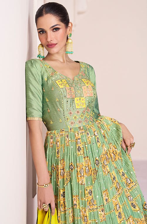 Pixie Green Gown, Georgette Silk Gown, Embroidered Gown