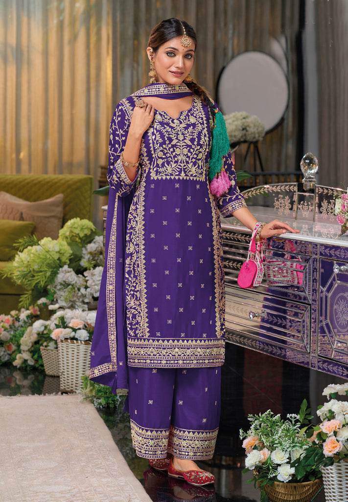 Purple Designer Embroidered Chinon Silk Party Wear Palazzo Suit-Saira's Boutique