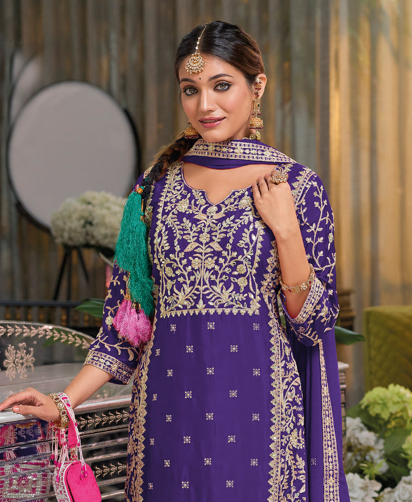 Purple Designer Embroidered Chinon Silk Party Wear Palazzo Suit-Saira's Boutique