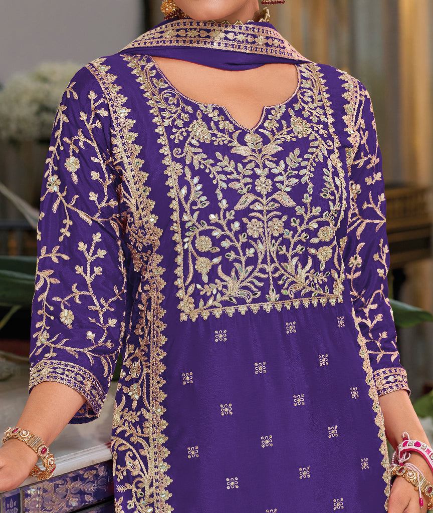 Purple Designer Embroidered Chinon Silk Party Wear Palazzo Suit-Saira's Boutique