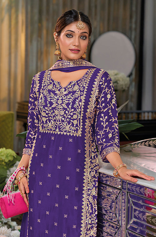 Purple Designer Embroidered Chinon Silk Party Wear Palazzo Suit-Saira's Boutique