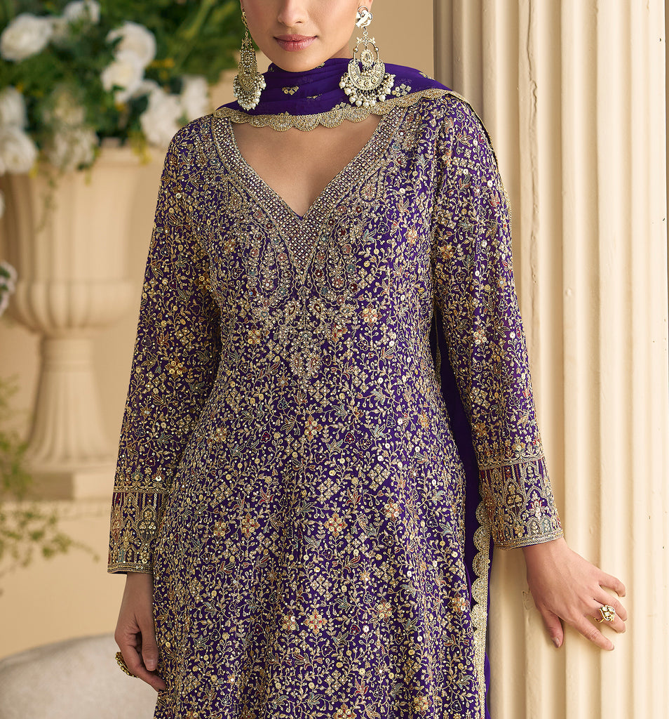 Purple Designer Embroidered Pure Georgette Wedding Palazzo Suit-Saira's Boutique