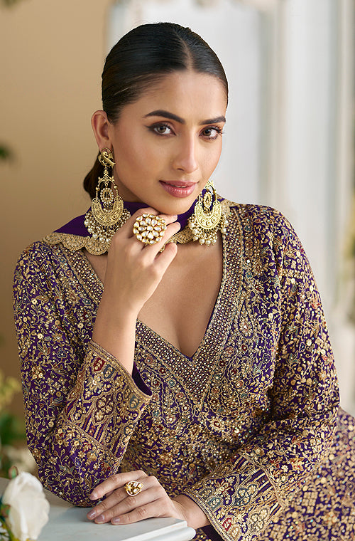 Purple Designer Embroidered Pure Georgette Wedding Palazzo Suit-Saira's Boutique