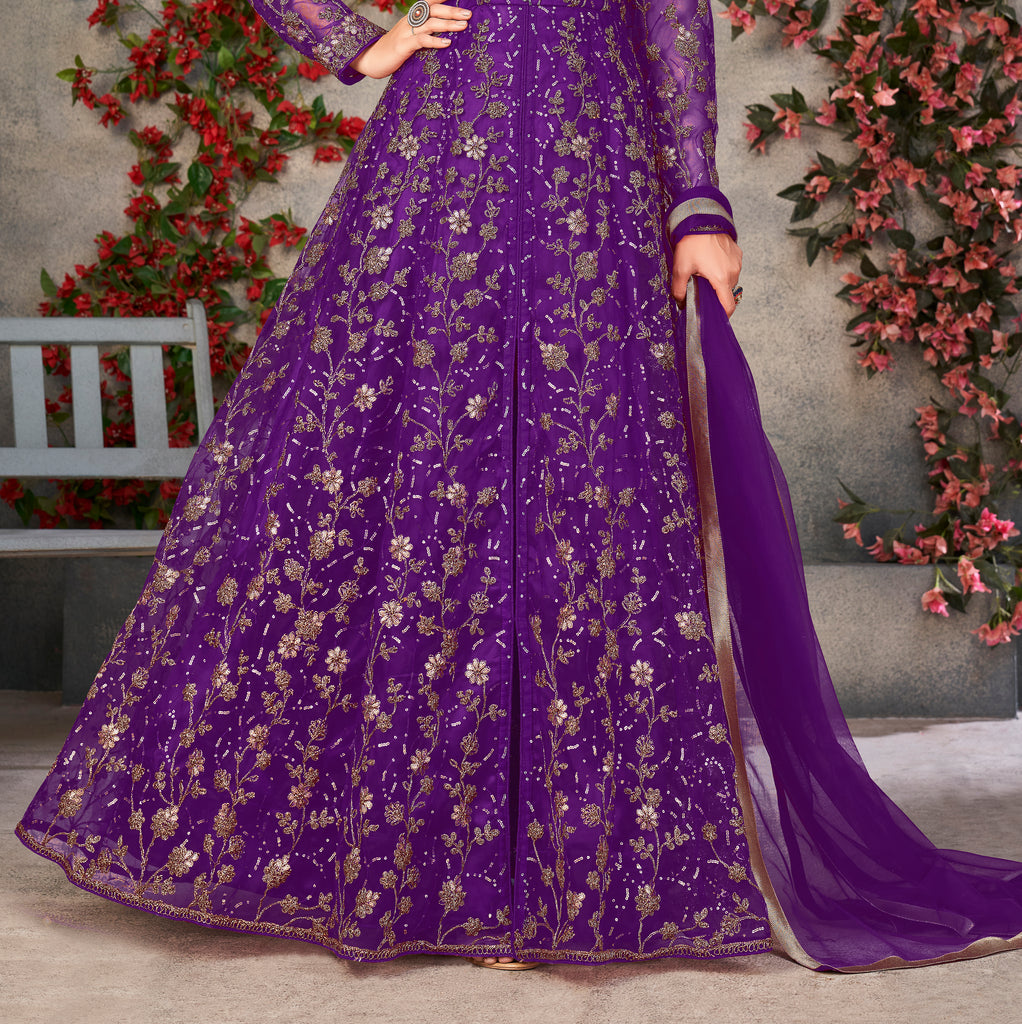 Purple Designer Heavy Embroidered Net Party Wear Anarkali Gown-Saira's Boutique