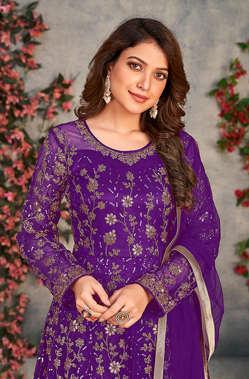 Purple Designer Heavy Embroidered Net Party Wear Anarkali Gown-Saira's Boutique
